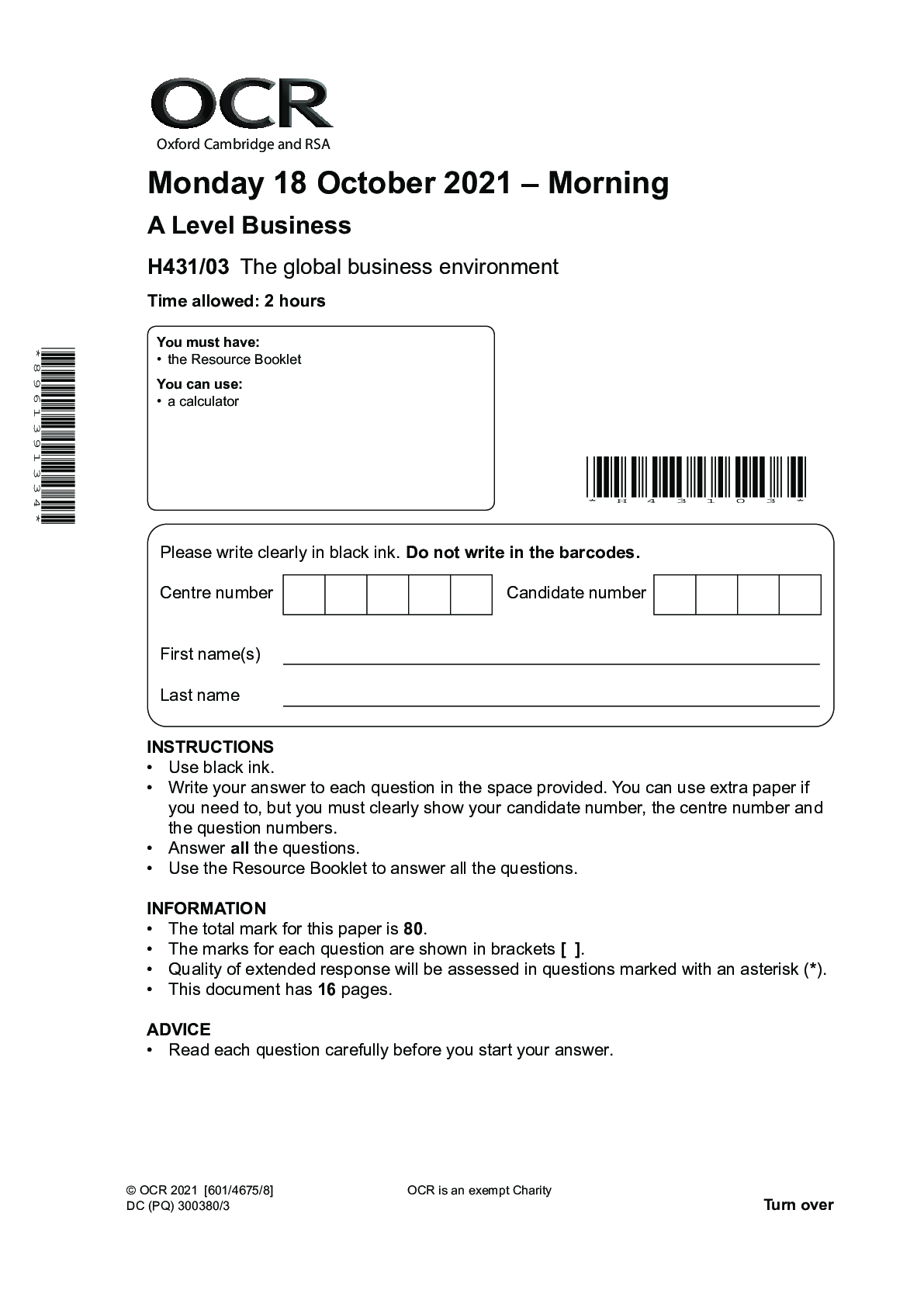 Preview image for > A Level Business H431/03 The global business environment Resource Booklet - October 2021